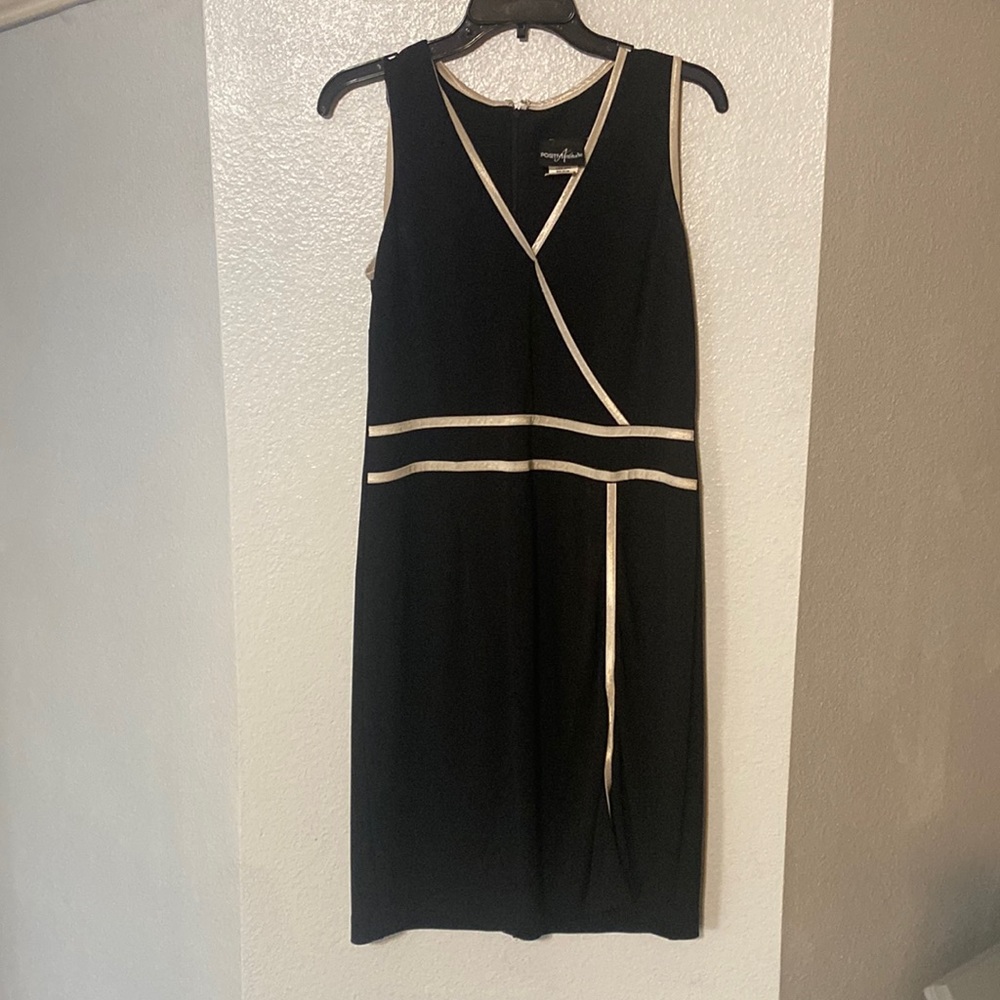 Black sleeveless dress w/ white trim